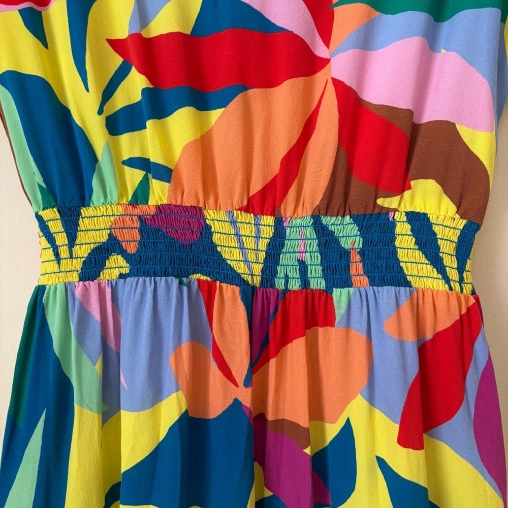 Marie Oliver Vibrant Botanical Print Silk Smocked Waist Dress XS - Picture 4 of 9